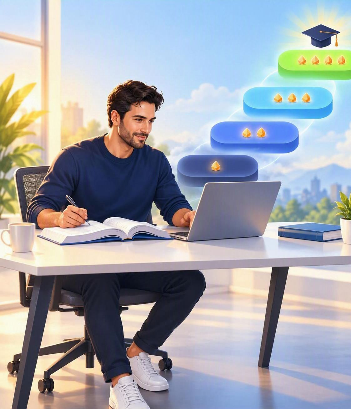 Learner studying beside a four-stage path toward graduation, from the original 4QLS presentation
